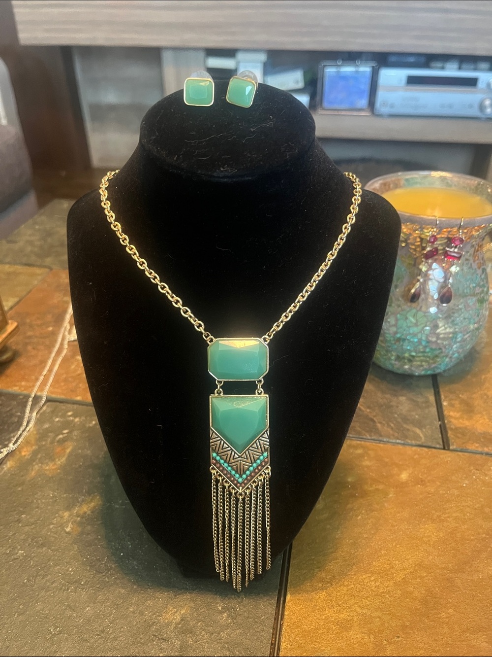 Gold Chain Necklace with Turquoise Geometric Pendant & Matching Earrings - Picture 2 of 7